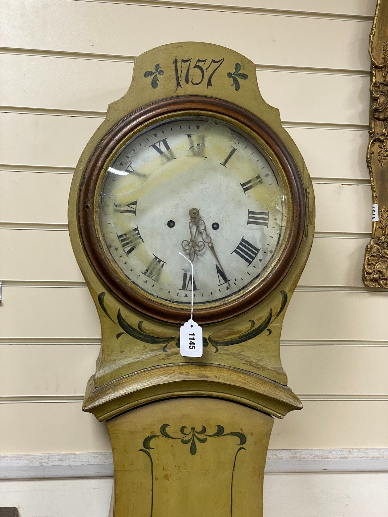 A 19th century French painted pine longcase clock, height 203cm